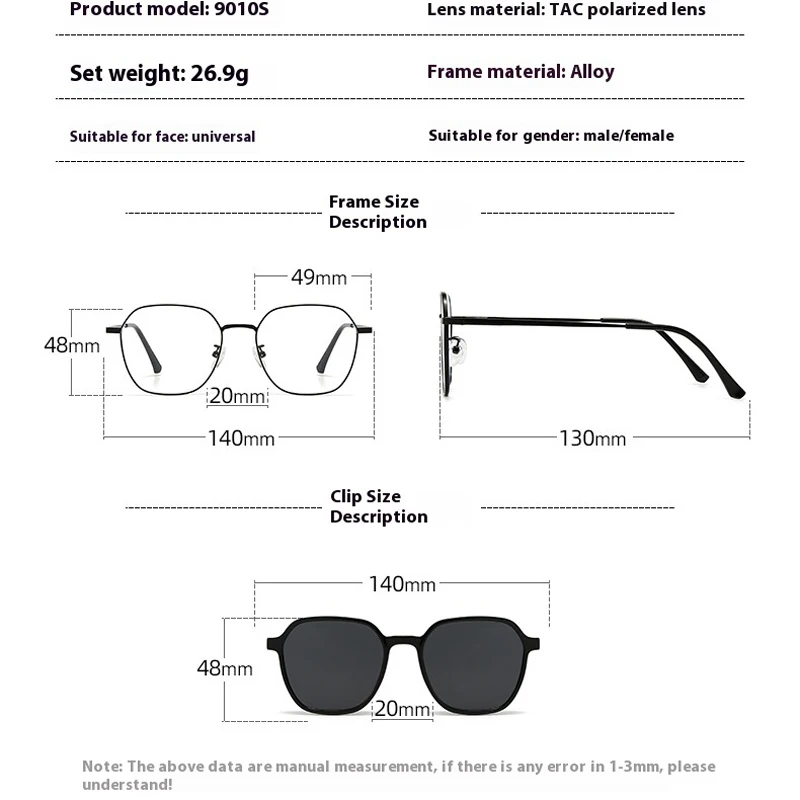 VCKA Women  Polarized Myopia Sunglasses 3 in 1 Men Fashion Magnetic Clip Eyewear Prescription Custom Glasses Frame -0.5 to -6.0