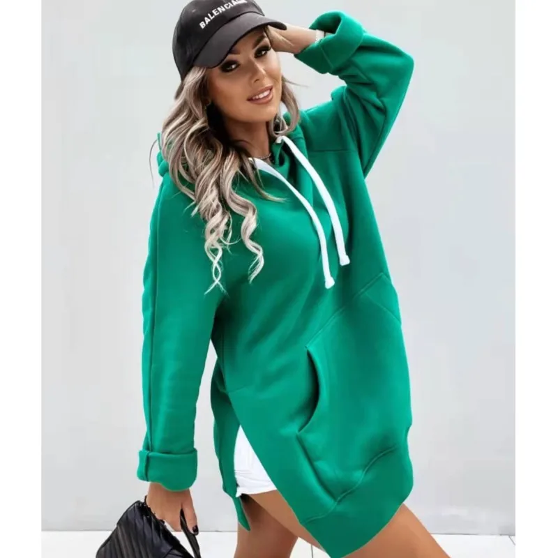 

Autumn And Winter New Women's Fashionable Temperament Casual Solid Color Hooded Mid To Long Hoodie Women's Dress