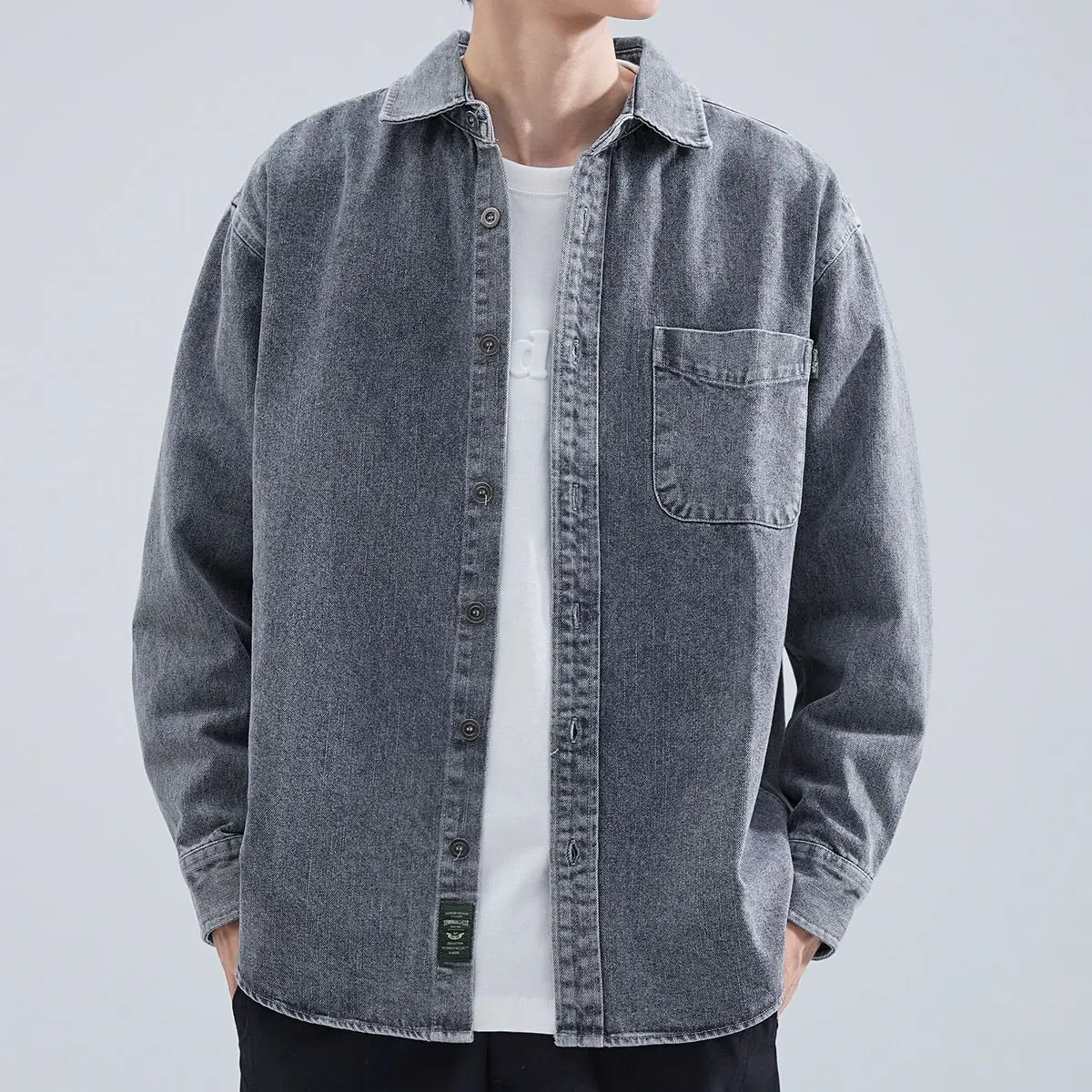 

Autumnal Loose Casual Waed Denim irt Men's Long Sve Pure Color Patchwork Jaet Hansca Stand Fit Youth Faion