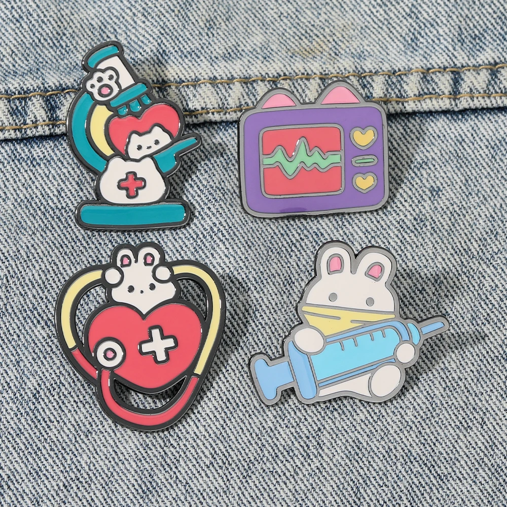 4Styles Cartoon Rabbit Nurse Doctor Design Enamel Pins Cute Stethoscope ECG Microscope Syringe Pattern Bunny Animal Brooches