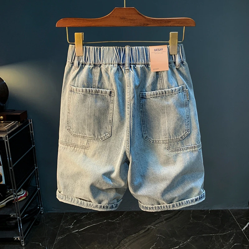 

Summer casual denim shorts men2024summer light blue straight loose elastic waist elastic capri pants