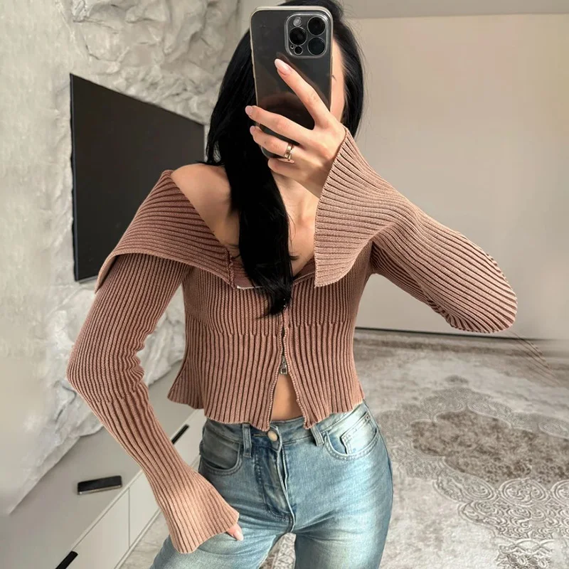 

Ticketsx Fashion Women Cardigan Elegant Lapel Zipper Patchwork Contrast Slim Jumpers Casual Chic Vintage Female Sweaters Outwear