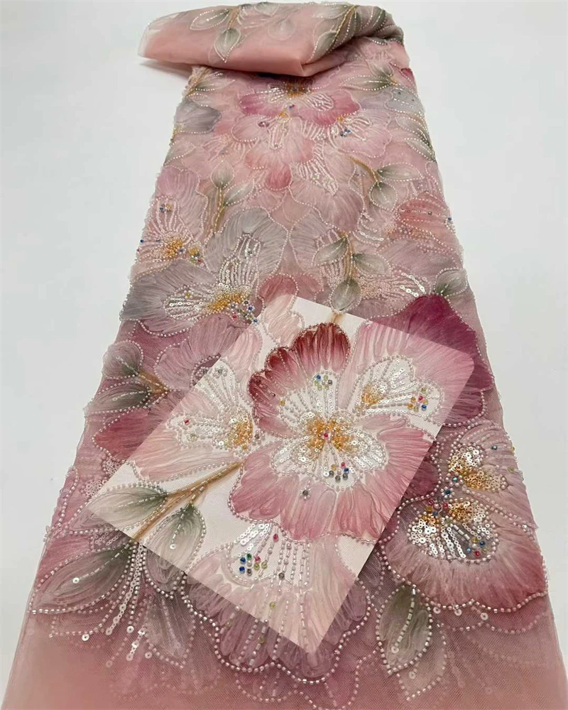 

Luxury Soft Tulle Mesh Lace Fabric with Sequin Beads High Quality for Wedding Sewing Nigerian French Style African Fabric