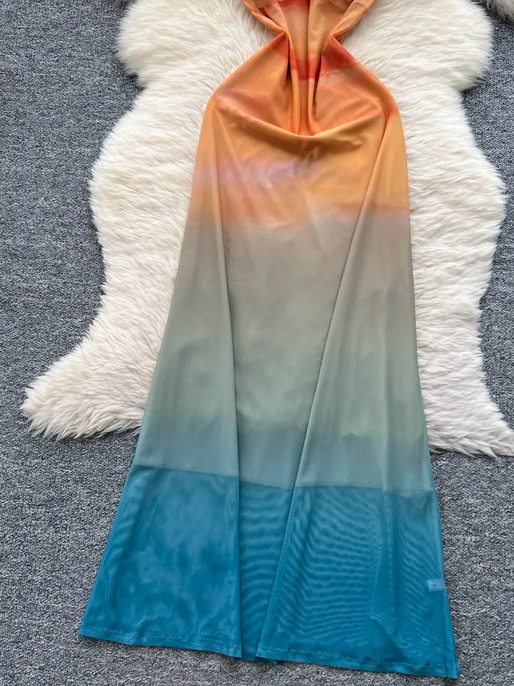 Beach Vaion Sle Femme Été Dr Strap Évider Métal Bleu Taille Cinched adient Couleur Jupe Longue Taille Haute A-...