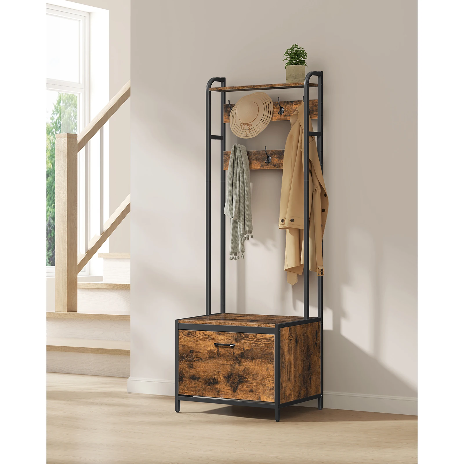 VASAGLE Coat Rack with Shoe Storage, Hall Tree with Bench, 7 Hooks and Top Shelf, for Hallway, Bedroom, Industrial Style