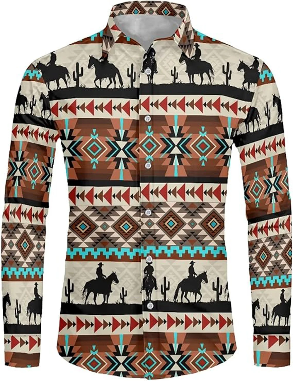 Kemeja Baru Pria Kemeja Cetak 3D Pola Indian Koboi Barat Retro Atasan Luar Lengan Panjang Pesta Kasual Liburan Pantai Pria