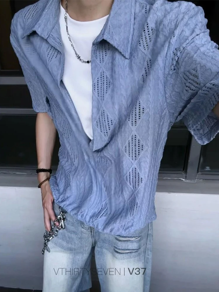 Daily Leisure Mens Hollow Out Knit Polo Fashionable Solid Color Textured Pullover Summer Stylish Patchwork Fake Two Piece Shirt