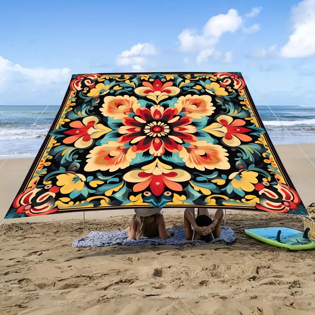 Colorful Flower Camping Sunshade Tent Camping Tarpaulin Outdoor Sunbathing Tent Picnic Mat Cover Coffee House Art Ceiling Cloth