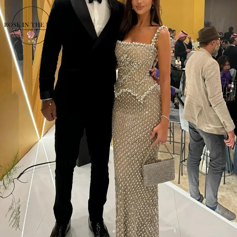 ROSEINTHEBOX-vestidos de noche de diseñador plateados de lujo, vestidos con cuentas de cristal brillantes para mujer, fiesta de boda personalizada, 2025