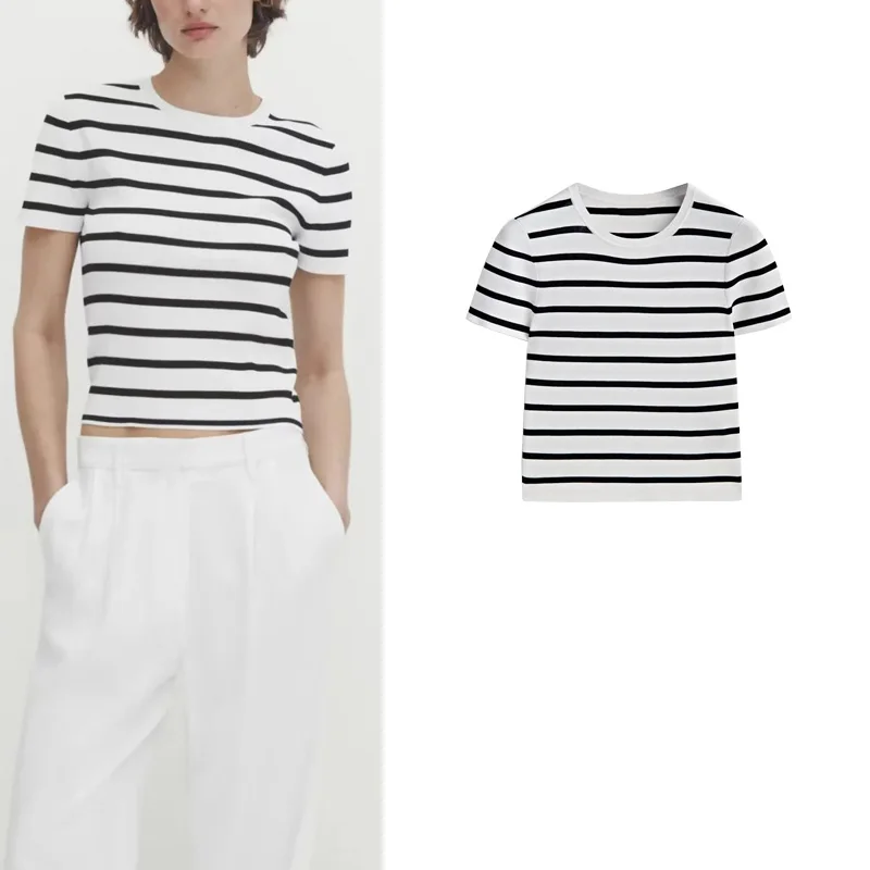 

Новое поступление, женская повседневная полосатая трикотажная футболка темно-синего цвета Academy Sle из полиэфирного волокна для поездок на работу, стандартный крой