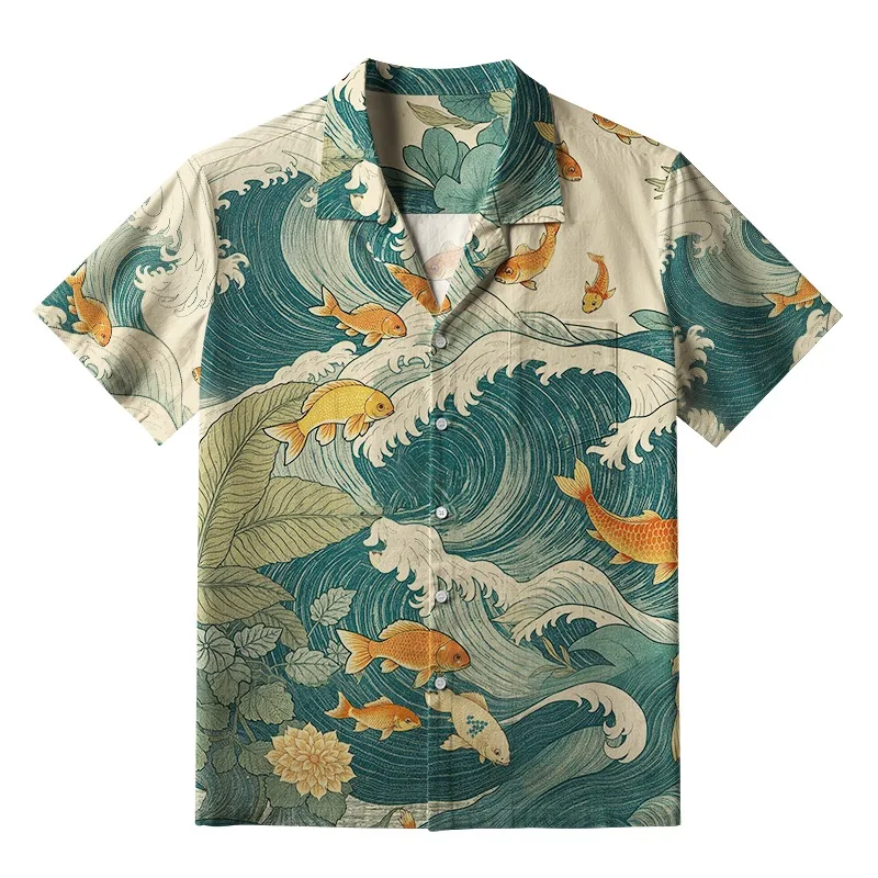 

Lucky Koi Meets Ocean Waves Aloha Hawaiian Shirt Men's Short Sleeve Cuban Collar Retro Style Blouse Summer Beach 2025 Tops