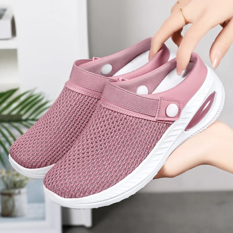 Women's Shoes Comfortable Soft Soled Flats Breathable Mesh Hollow Fly Weave Half Drag Non Slip Lightweight Casual Shoes