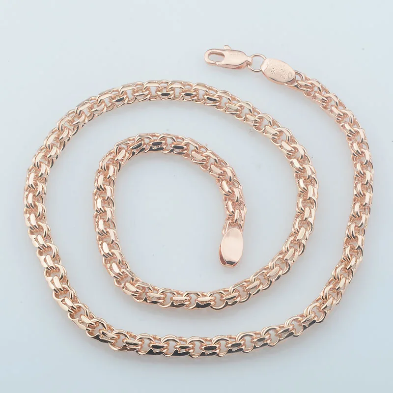 FJ Men Women 6mm Hip Hop Double Rolo Link Chain 585 Rose Gold Color Necklace 50+20cm Bracelet