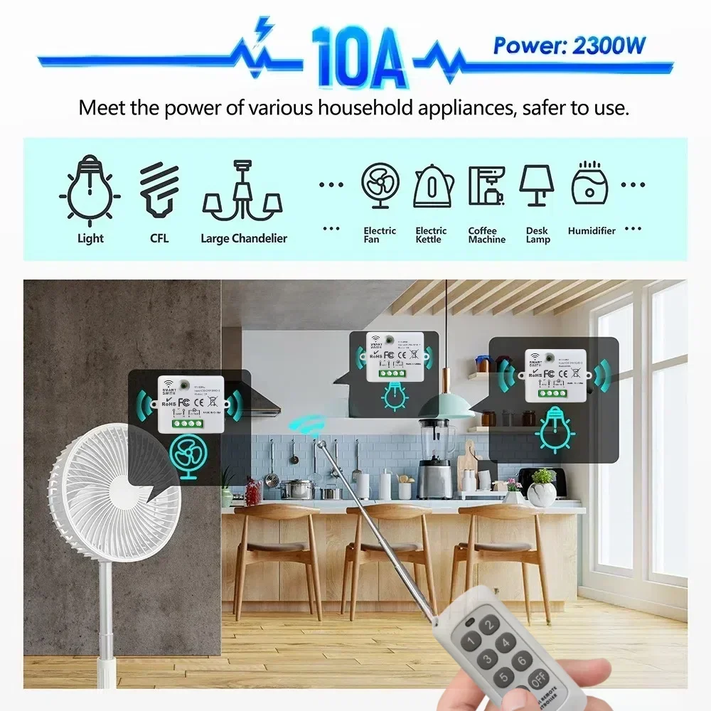 مفتاح إضاءة ذكي لاسلكي صغير مع جهاز تحكم عن بعد مسافة 1000 متر 433 ميجا هرتز جهاز استقبال مرحل الترددات اللاسلكية 220 فولت مفتاح لمروحة مصباح Led للمنزل #5