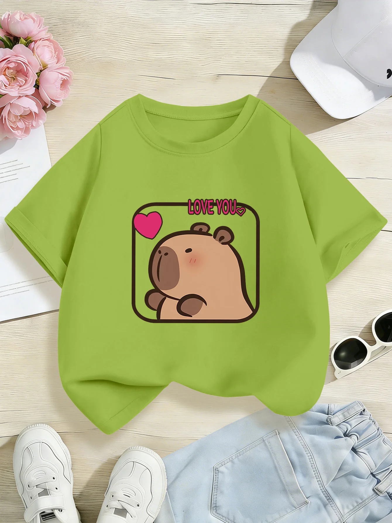 Lovely Love Heart Capybara Frame Print Boys Girls Short Sleeve Tee Parent Match Soft Cotton Kids Sweet Warm Casual T Shirts