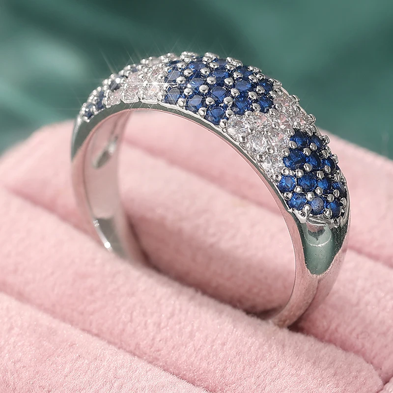Funkelnder Micro-PVae Blau-Weißer CZ Damenring Trendiger Silberfarbener Verlobungsring Täglicher Schmuck Party-Schmuck Jubiläumsgeschenk – Detail 1