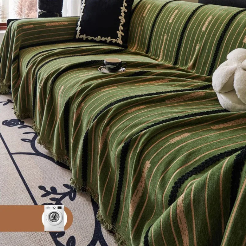 Spikelet Striped Printed Sofa Towel with Tassels Nordic Retro Double Face Usable Sofa Cover Pet Friendly Easy-Care Couch Cushion