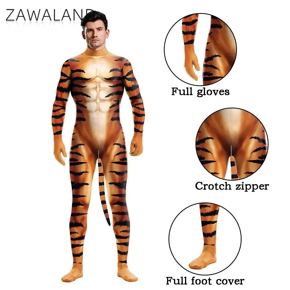 Zawaland Funny Tiger Cosplay Costume Carnival Furry Petsuit with Tail Men Purim Halloween Party Clothes Animal Zentai Bodysuit