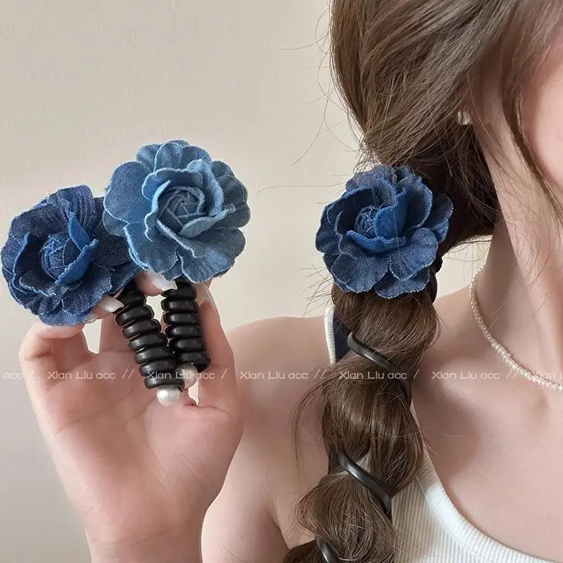

Cowboy Blue Flower Telephone Line Hair Loop Spiral Coil High Elastic Bubble Braid Headband Hair Accessories Elastic Bands