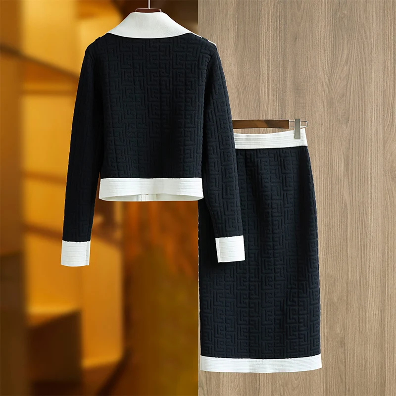 Recommended Elegant Design New Fall Spring Black Geometrical Knitting Skirts Sets Women 2 Pieces Outfits 2022 Sweater Suits