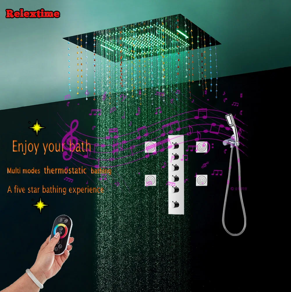 Crystal Pendant Bluetooth Music Ceiling Shower Head Bathroom Shower Set Multifunction Concealed Mixer Shower Faucet Massage jets