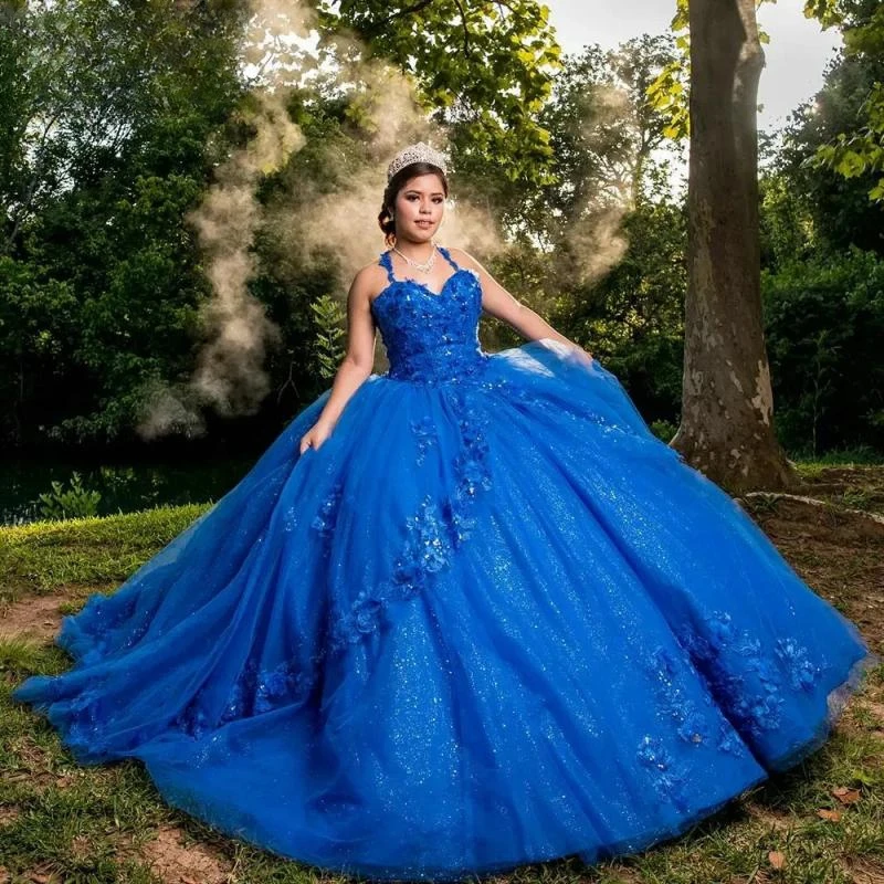 Vestido De quinceañera azul con apliques De flores en 3D, vestido De baile De cristal brillante, corsé con tirantes finos y volantes, 15 Años