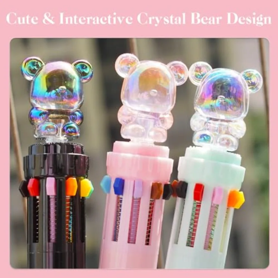 3 عبوات من أقلام متعددة الألوان الكل في واحد 0.7 مم 10 في 1 قلم حبر جاف متعدد مع حقيبة شفافة على شكل دب كريستالي لطيف مثالية لـ Stu