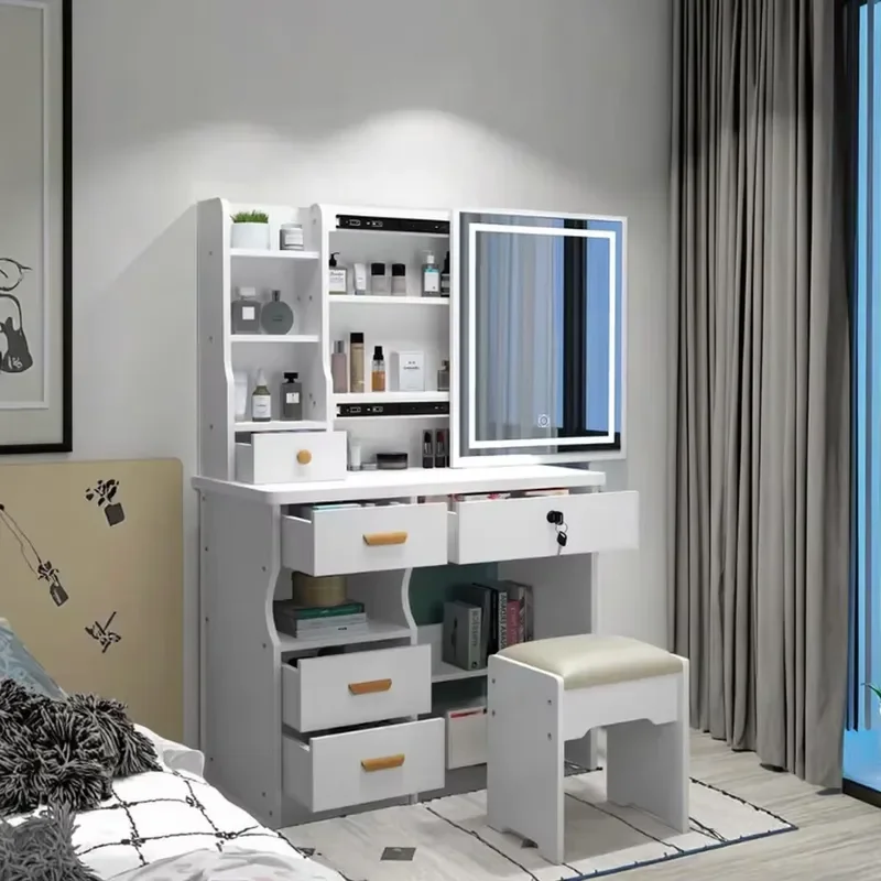 Italian Style Modern Bedroom Furniture Wood Storage Dresser Set LED Lighted Mirror Makeup Vanity Dressing Table