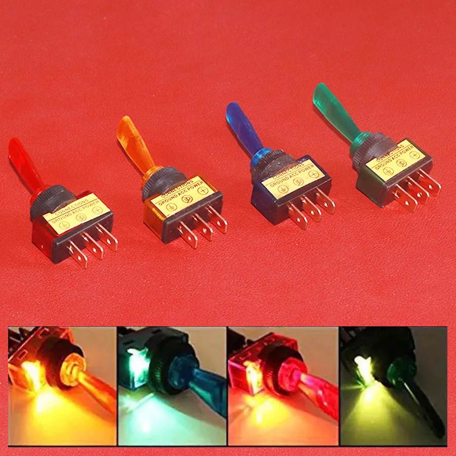 4x LED Toggle Switch 3-Pin ASW-13D 12V 20A On/Off Long Handle with Red Yellow Blue Green LED Lamp Light Automotive Toggle Switch