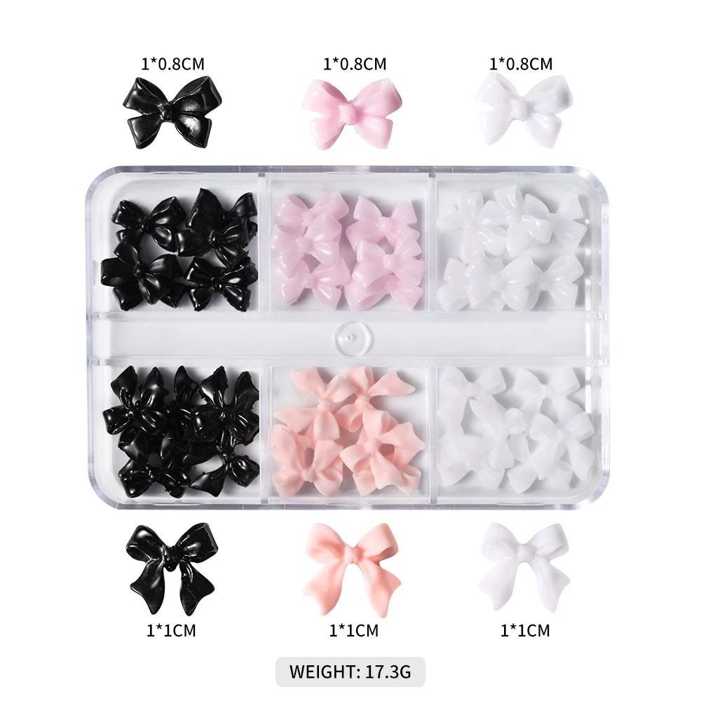 1 Box rosa/weiß/schwarz Harz Flatback Bogen Nail Art Charms 6 Gitter (30 Stück) süße Schleife Nageldekorationen für Acrylnägel Maniküre – Detail 4