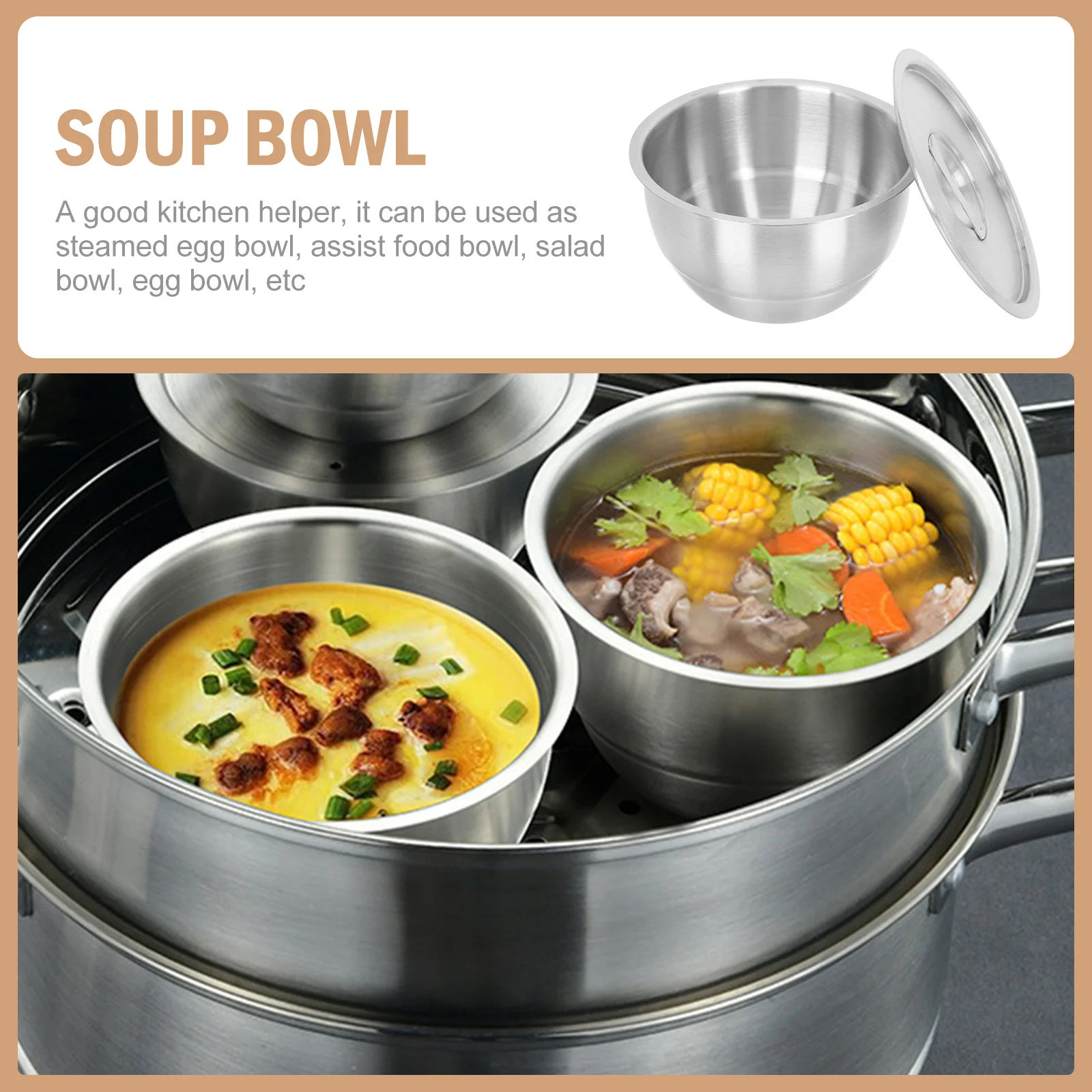 

1Pcs Stainless Steel Steamed Egg Bowl Thick Bright Easy Clean Home Hotel Restaurant Picnic Camping Multifunctional Tableware