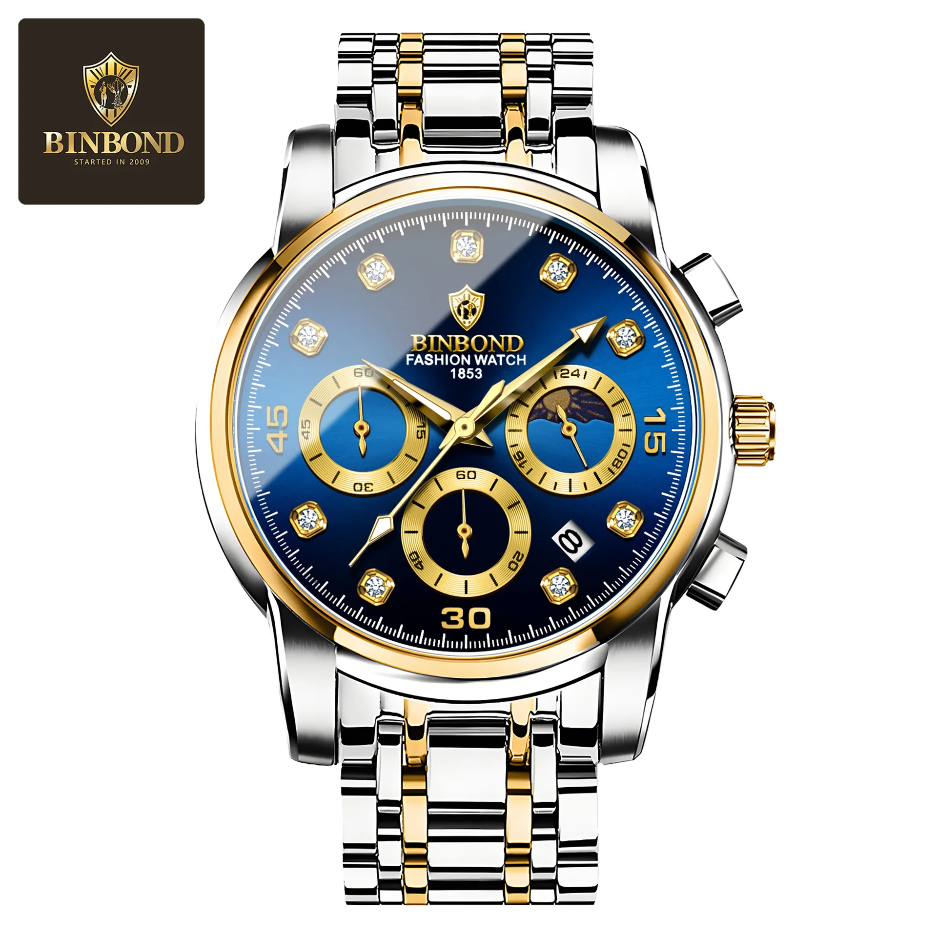 BINBOND Luxury Business Fashion Timing Quartz Watch Men's Stainless Steel Waterproof Luminous Multi functional Moonphase Watch