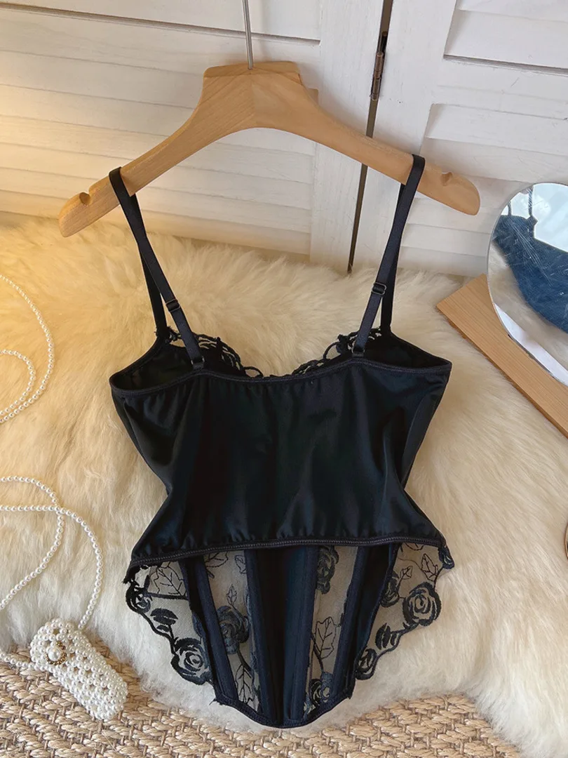 Sexy See Through Mesh Bustier Top 2024 Women Fashion Summer Black Camis Floral Embroidery Fishbone Skinny Club Party Crop Tops