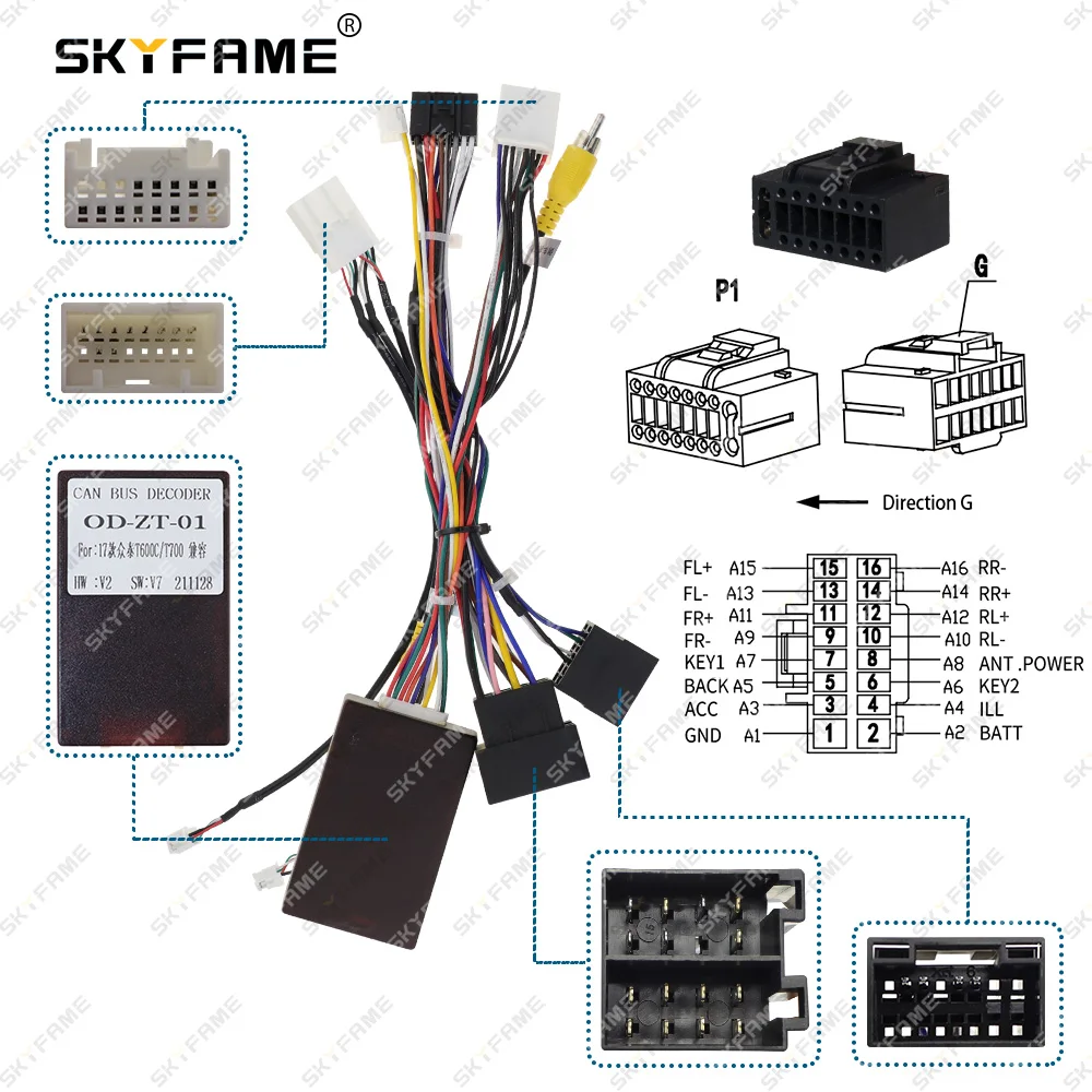 SKYFAME 자동차 와이어링 하네스 어댑터, Canbus 박스 디코더, 안드로이드 라디오 전원 케이블, Zotye T600 쿠페 OD-ZT-01, 16 핀