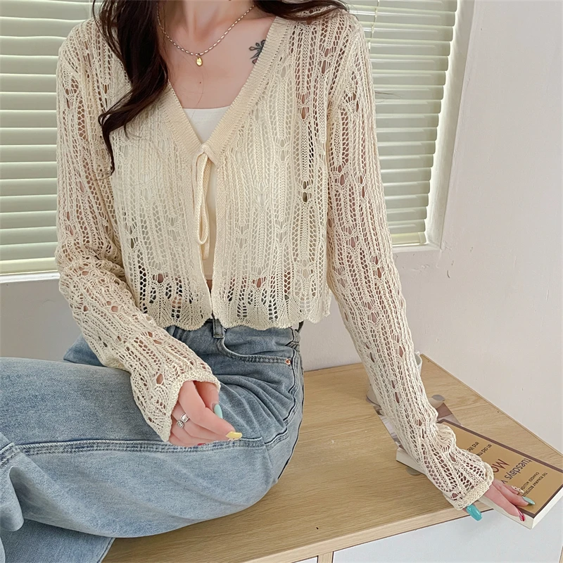 Pointelle Knit Long Sleeve Tie Front Cardigan Sweater for Women Cover-Up Spring Summer Teengirl Y2K Grunge Outfit