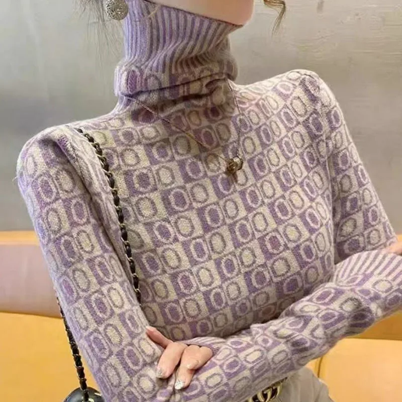 2023 Autumn and Winter New Pile Collar Bottom Women\'s Fashionable Slim Printed Plaid Long Sleeved Pullover Sweater Knitted Tops