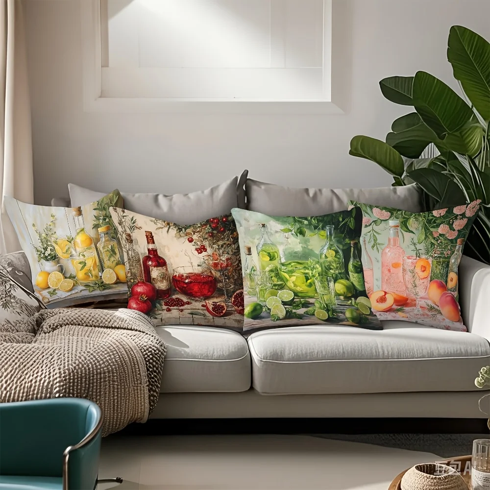 Rustic Botanical Print Pillow Case Set 4PCS Lemon Fruit Still Life Decor Throw Pillow Cover Square Cushion Home Decoration 40x40
