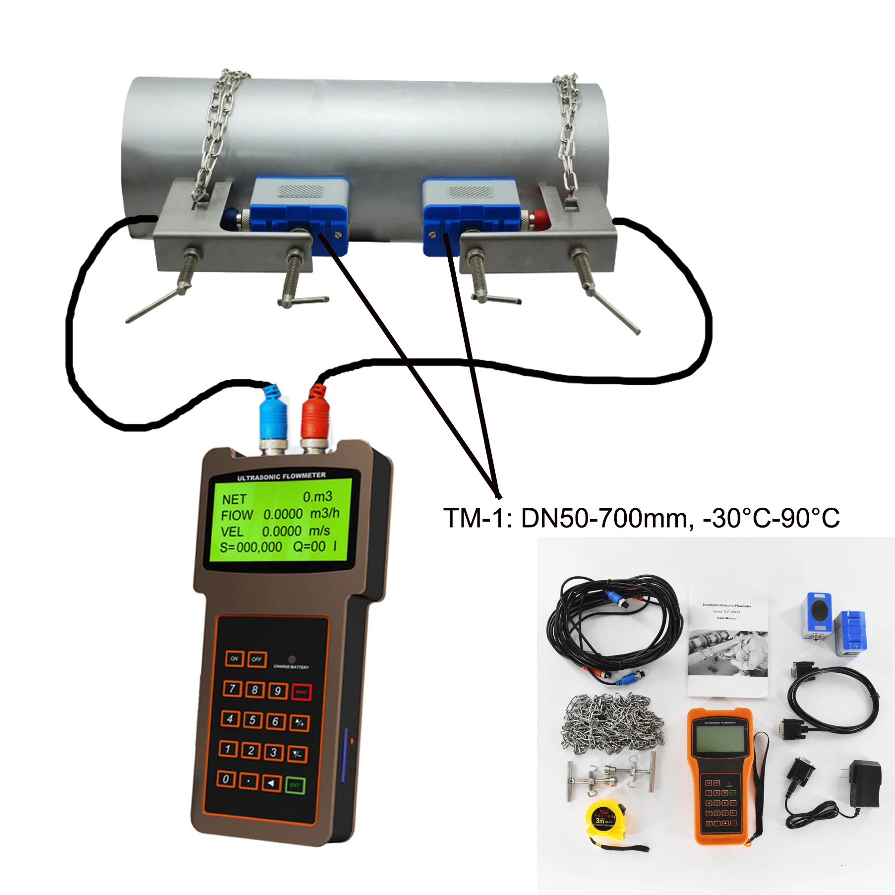 

TUF-2000H Handheld Ultrasonics Water Flowmeter Clamp on Liquid Portable Digital Flow Meter TS-2 TM-1 TL-1 TS-2-HT TM-1-HT Sensor