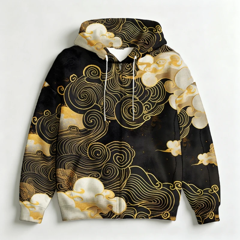 Men Zip Hooded Sweatshirt 3D Oriental Floral Cloud Graphic Drawstring Fashion Daily Outer Garment For Male