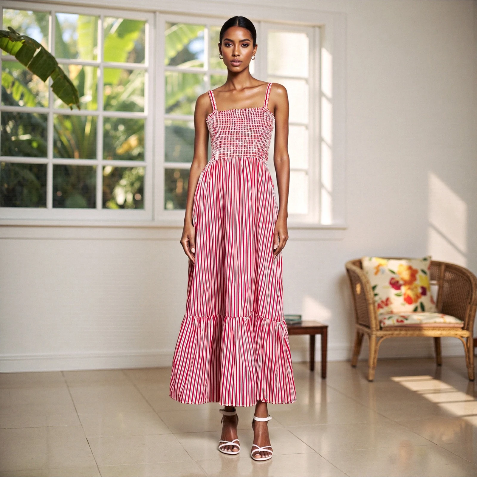 Nieuwe dames mouwloze jurk casual zomer gestreepte print backless a-lijn feestjurk voor vakantie cocktail strand streetwear