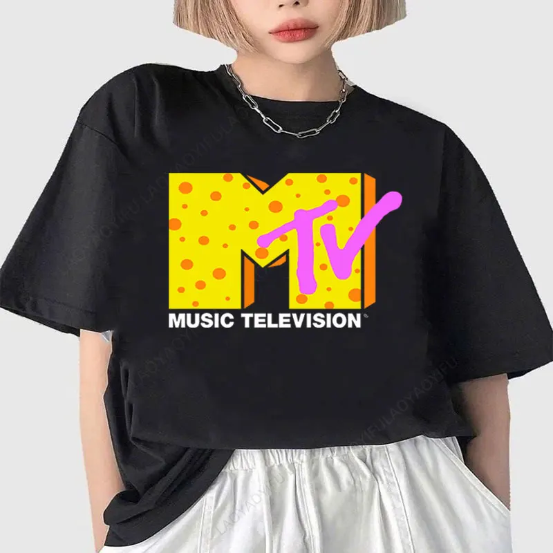MTV الموسيقى التلفزيون الجرافيك بلايز 80s90s خمر الشارع الشهير موضة Crewneck للجنسين تيشيرت مطبوع رائجة البيع القطن Y2k الملابس #4
