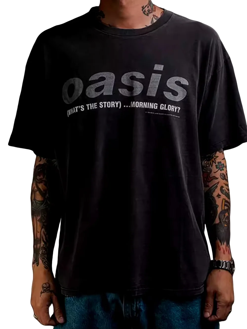 2025 جديد الصيف تي شيرت رجالي البريطانية روك واحة الواحة الفرقة الشارع واحد الكتف للجنسين المطبوعة القطن عادية موضة تي شيرت #1