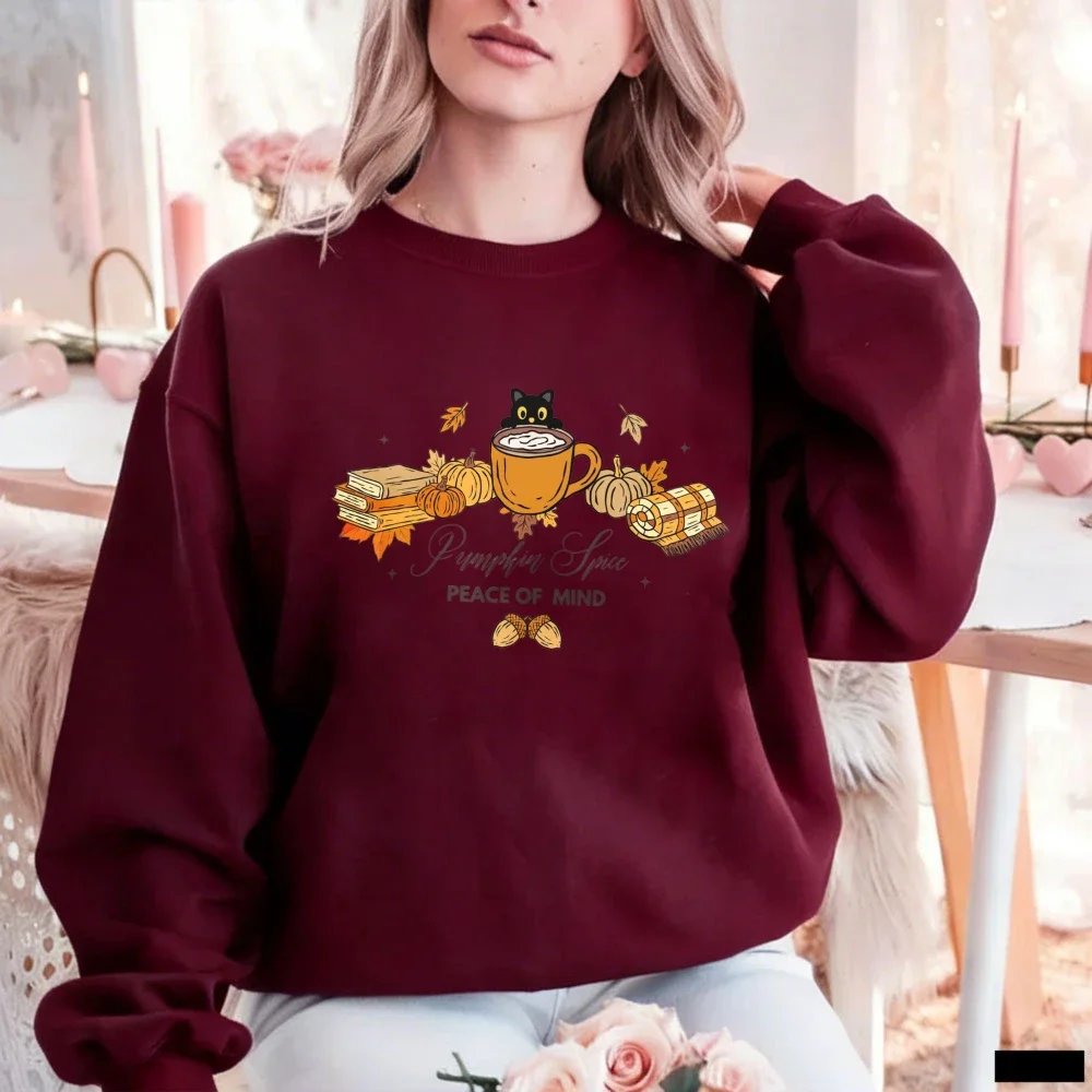 Pumpkin Spice Peace of Mind Graphic Crewneck Sweatshirt Autumn Black Cat Coffee Book Pumpkin Maple Leaf Pullover Top for Women