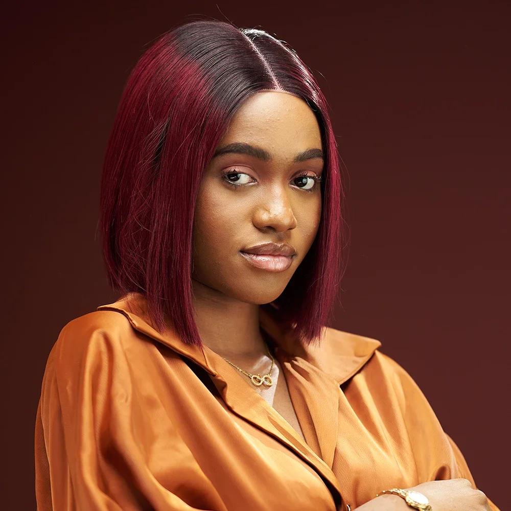 

Bone Straight Human Hair Short Bob Wig Burgundy Red With Dark Roots 13x4 Lace Frontal Preplucked Hairline With Baby Hair 4x4Lace