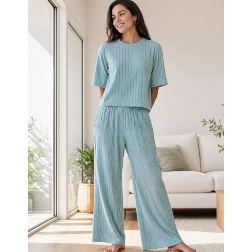 Spring Autumn Fashion Knitted O Neck Short Sleeved Long Pants 2Piece Set Women's Casual Loose Fitting Simple Home Wear Pants Set