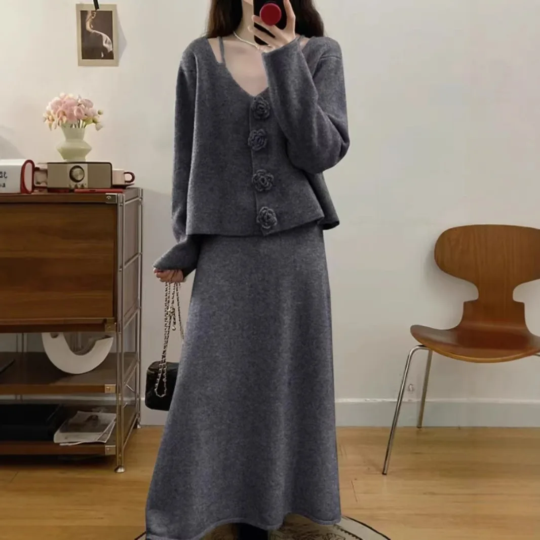 

Knitted Cardigan Half Skirt Women's Two-piece Set Autumn and Winter New Korean Loose Casual Sweater Set