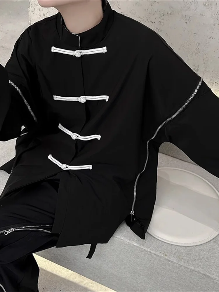 

New Chinese Sle Men's Double Zipper Buttoned Stand Collar Jaet Hanfu Outerwear Youth Trend Spring Autumn Loose Fit Long S...