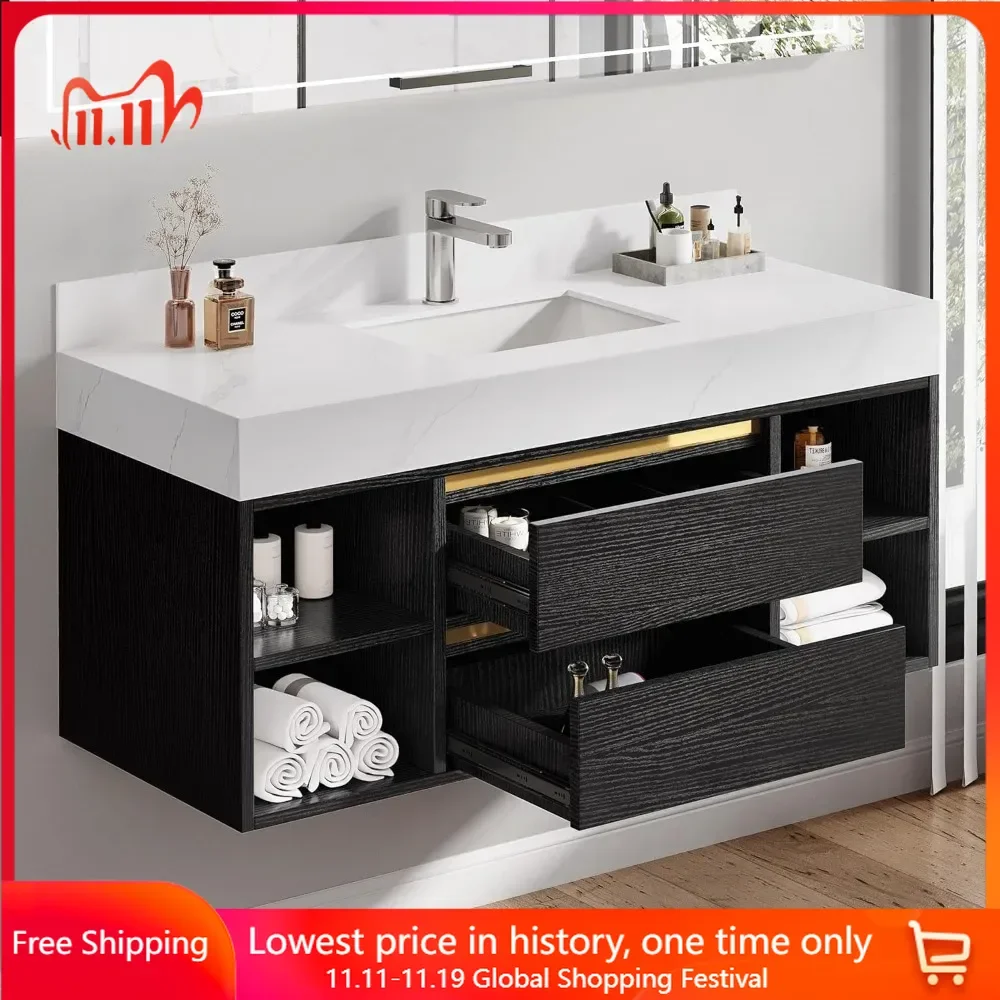 

48 Inch Bathroom Floating Vanity with Sintered Stone, Ceramic Sink, 2 Drawers & Shelves, Soft-Close Design, Wall Mounted Vanity