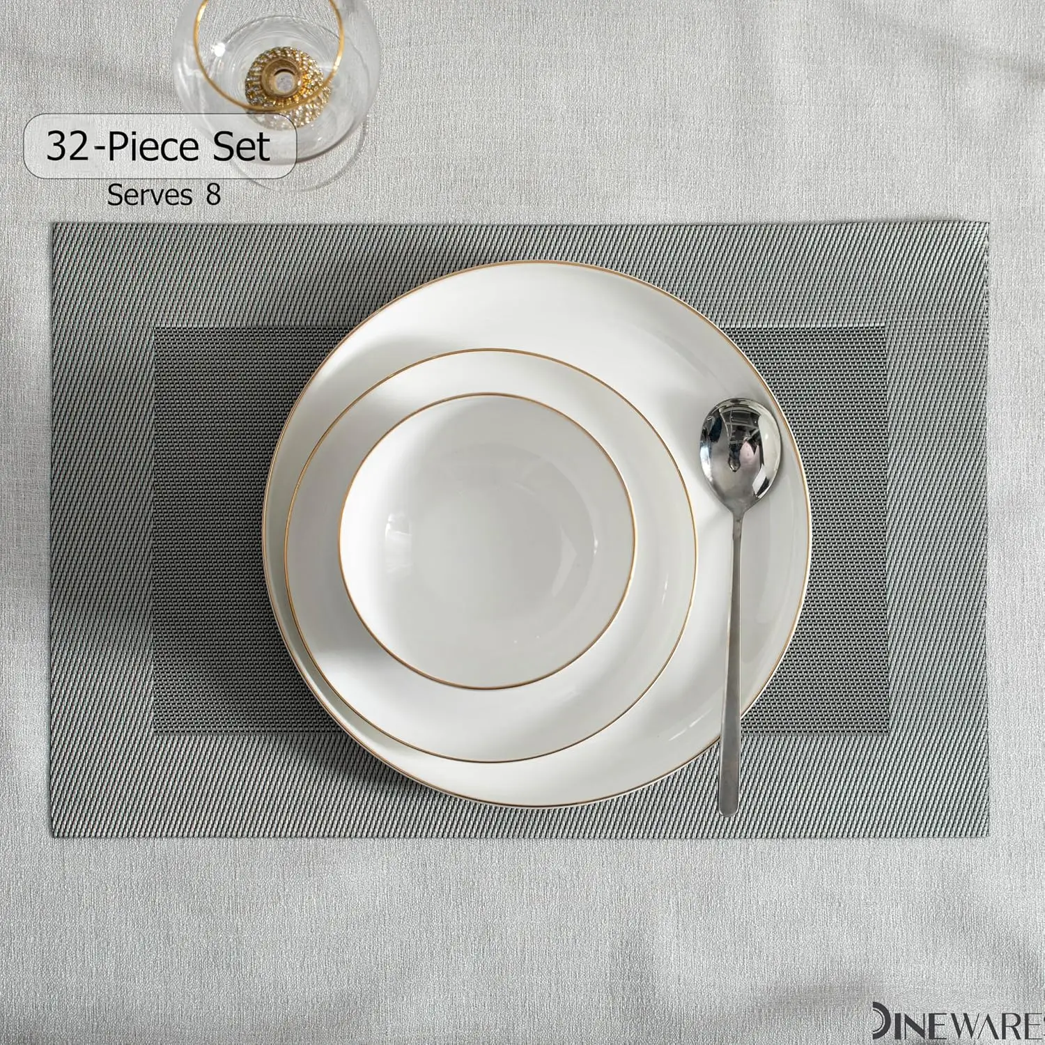 White Bone China Dinnerware Set with Gold Rim, 24-Piece Luxurious Collection, Service for 8, Lightweight and Durable, Includes Dinner Plates, Salad Plates, and Cereal or Soup Bowls