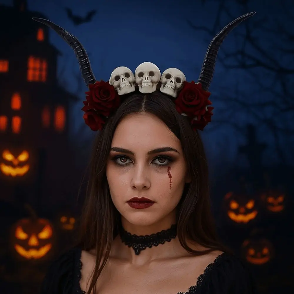 

Flower Crown Halloween Ox Horns Headband Skull Gothic Style Sheep Horn Hairband Fashion with Neckband Red Rose Headband Cosplay
